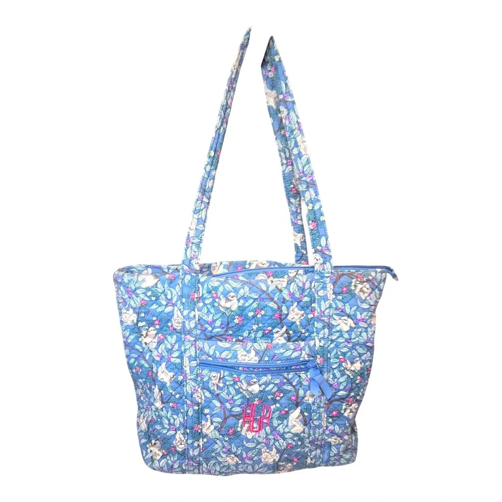 Vera Bradley Sloth Picnic Quilted Cotton Tote Bag Blue Floral Animal Monogram AL